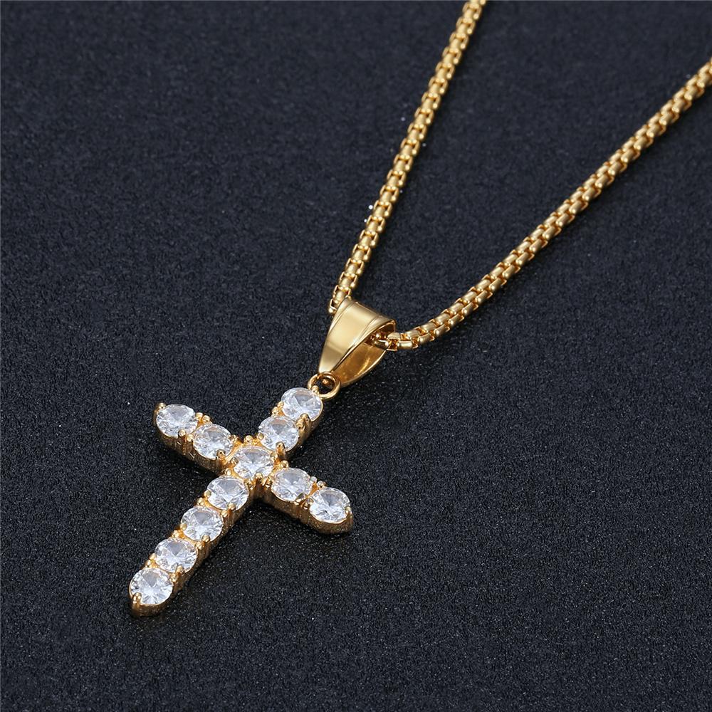 Religious Iced Out Bling Small Jesus Cross Pendant Gold Color Stainless Steel Zircon Christian Necklace For Women Jewelry Gift