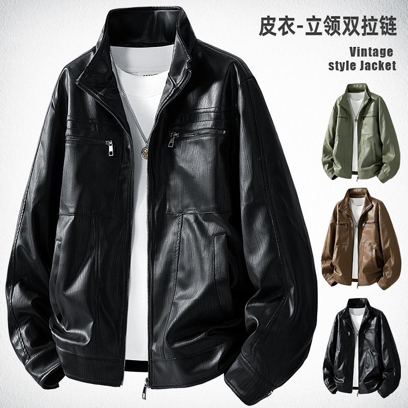 Осень и Зима Новый Стиль Американское Ретро Мужская Куртка Стойка Воротник Кожаная Куртка