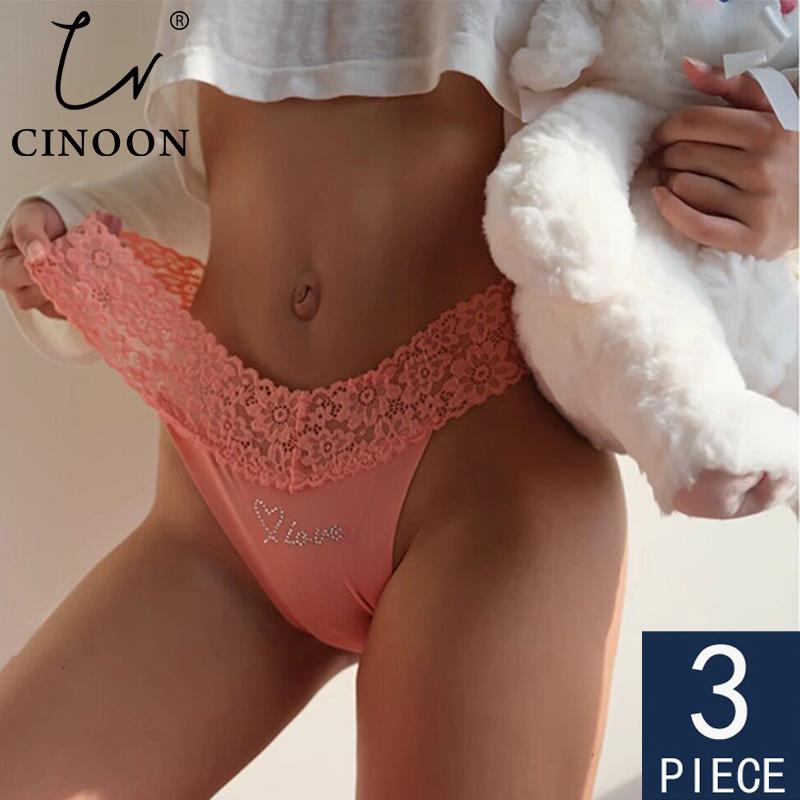 CINOON 3 Stück/Los Damen Sexy Niedrig geschnittener Tanga Spitze am Bund Nahtloser Slip Einfarbiger Leichter Atmungsaktiver Tanga