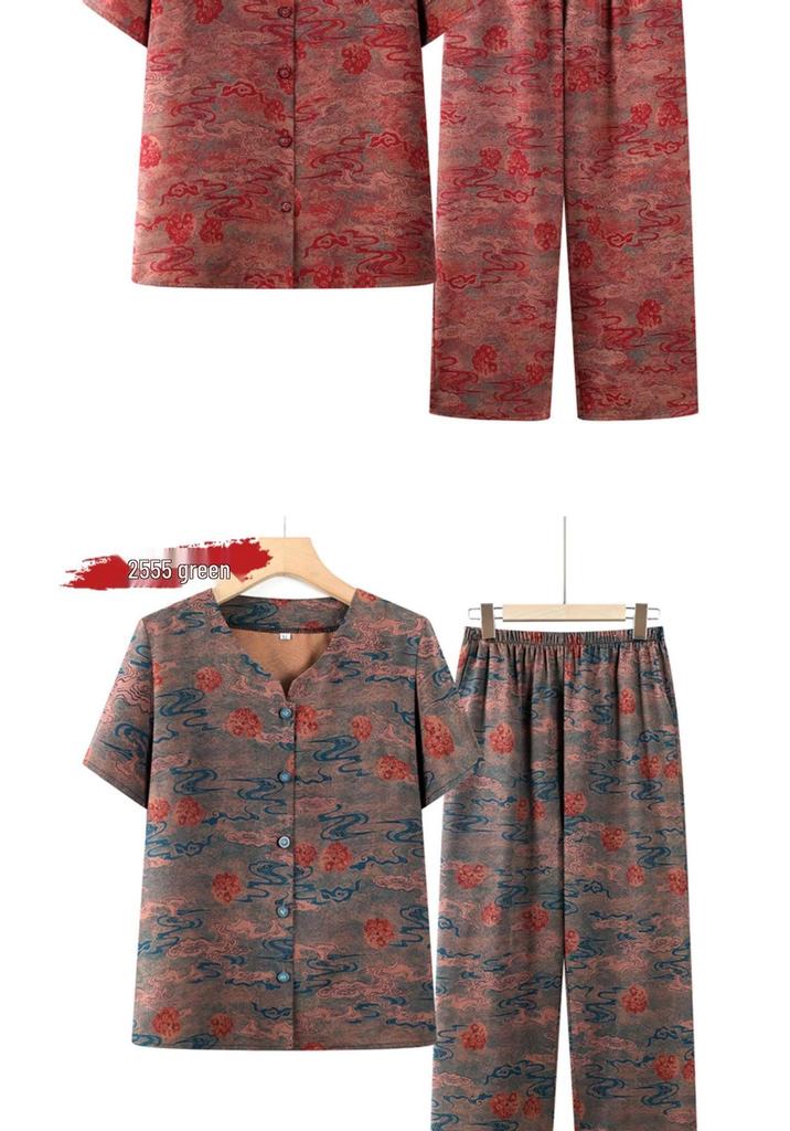 Grandma's Summer Ice Silk Short Sleeve Set for Women: Cool, Comfortable Shirts for Middle-Aged and Elderly Ladies