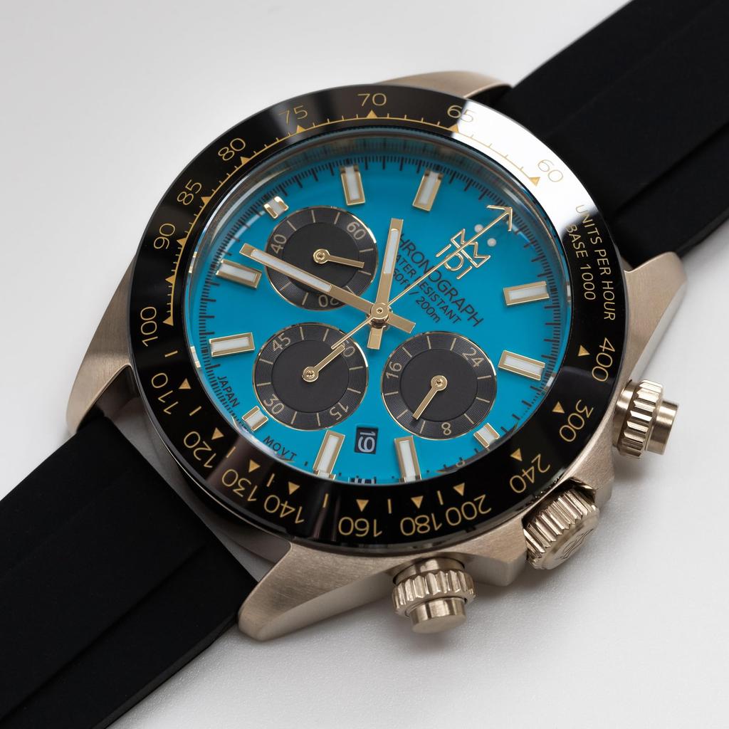 Herren Taucher-Chronograph Uhr, Keramiklünette, Türkisfarbenes Zifferblatt, 20 ATM Wasserdicht