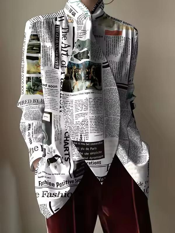 

Newspaper Print Long Sleeve Shirt with Ruffle Cuff Detail S
