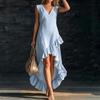 Nouvelle robe longue européenne et américaine à la mode, romantique, sans manches, col en V, ourlet à volants, en coton et lin