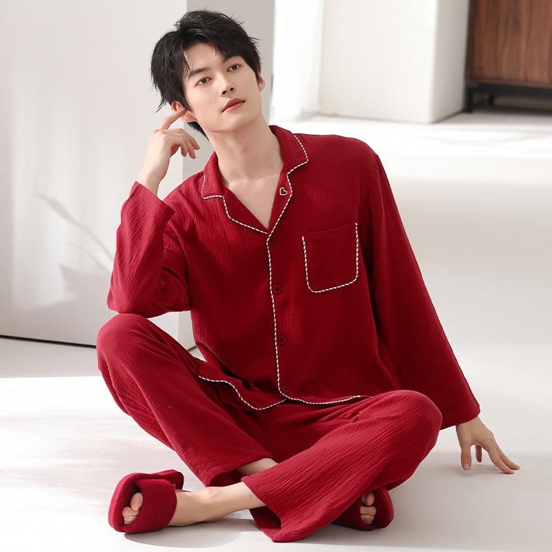 Double-layer cotton yarn baby pure cotton red pajamas couple men and women's pajamas wedding newlywed couple set cotton and linen