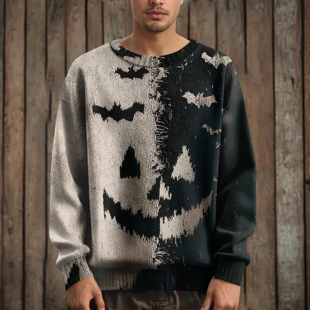 Men's Long Sleeve Pullover Sweater Casual Halloween Print Knit Oversized Sweater