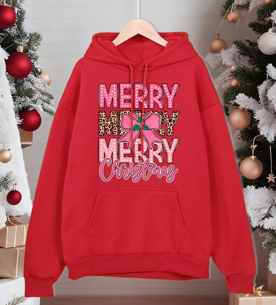 Merry Christmas Pink Bow Printing Men Hoodies Autumn Casual Hoody Fleece Comfortable Clothing Male Loose Unisex Pullovers