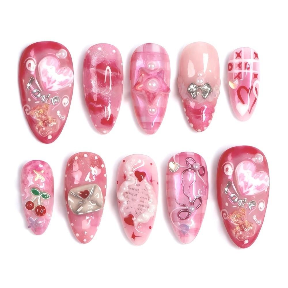 30pcs New Sweet Fake Nail Tips Pink Flower Designs French Extended Nail Extensions 3D Flower Almond Nails Gift Giving