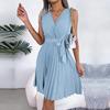 Chic Women's Summer Dress Cross V Neck Sleeveless High Waist Lace Up Solid Color Temperament Spring Fashion