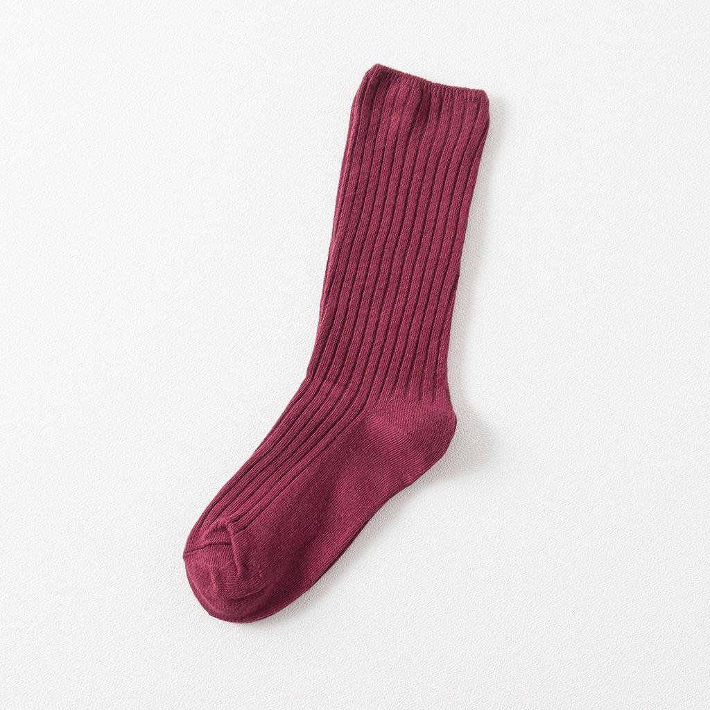 Autumn & Winter Women's Ribbed Cotton Mid-Calf Socks - Japanese Style, Solid Color, Double Needle.