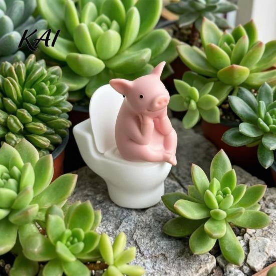 Pig Collectible Figurine Miniature Pink Toilet Figurine, Sitting on Thinking Ornament Statue, Cartoon Farm Animal Decoration for Home,