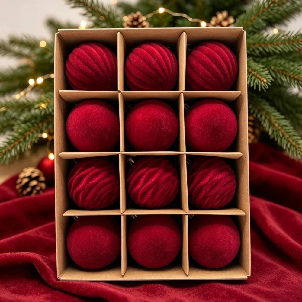 12pcs/set 6cm Velvet Christmas Ball Pendant Flocked Xmas Tree Ornaments Party Favors