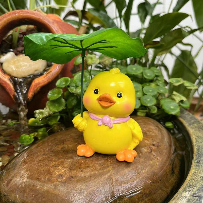 Garden Duck Statue, Cute Duck Figurine Holding Lotus Leaf Umbrella Resin Yard Art Sculpture, Garden Statues
