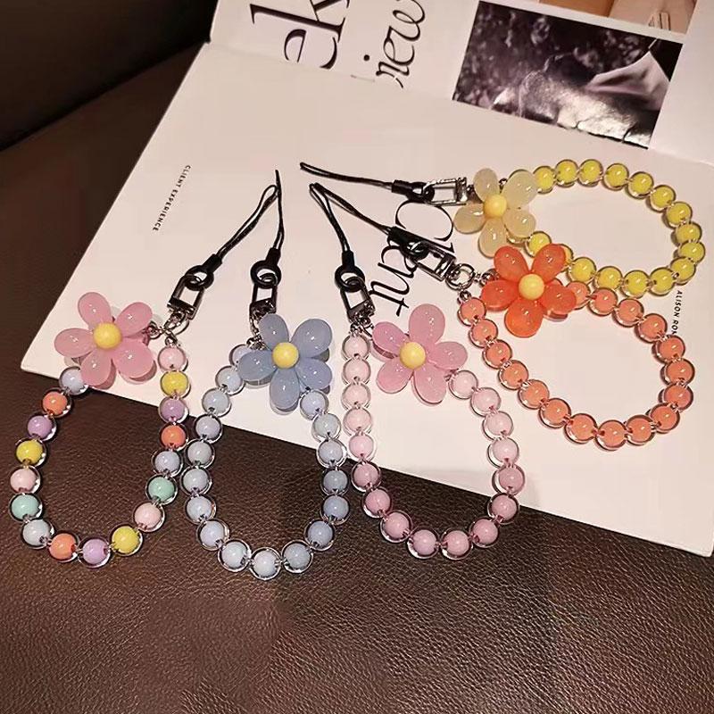 INS Candy Color Mobile Phone Lanyard Wrist Strap Women Girls Korean Beaded Flower Bracelet Anti-lost Case Bags Keys Pendant