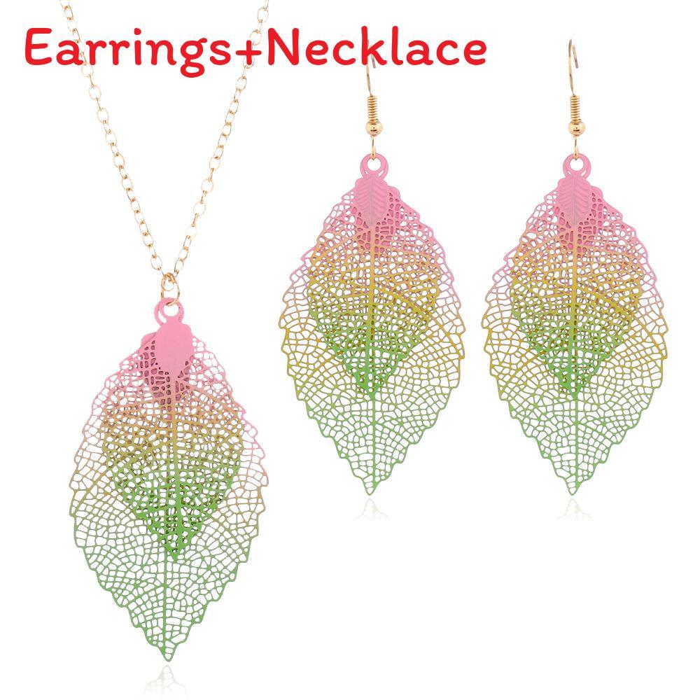 

Leaf Jewelry Elegant Set With Metal Necklace And Earrings Casual Accessories Pink Green
