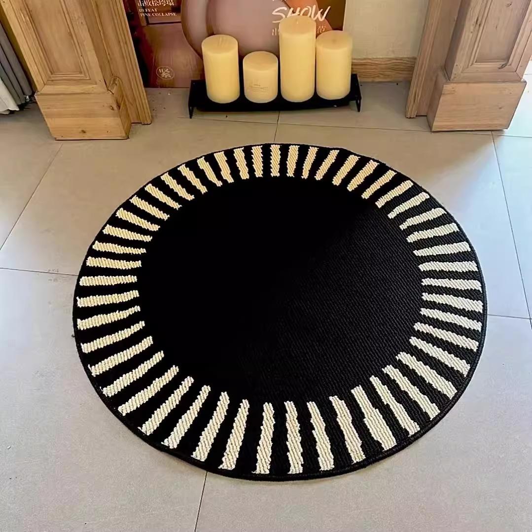 

Non-slip Waterproof Round Bedroom Carpet Black and White Line Pattern Rug Wear-resistant Floor Mat Home Decoration Alfombra Diameter 80cm