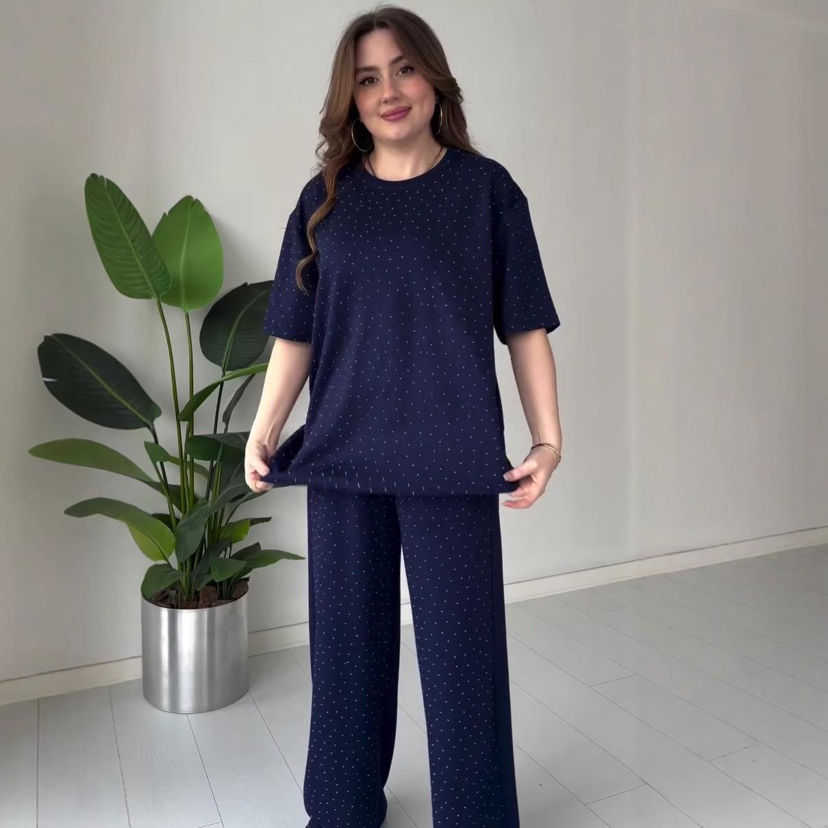 

2025 Summer Polka Dot Round Neck Casual Set: Loose Fit Short Sleeve Top and Long Pants for Women L