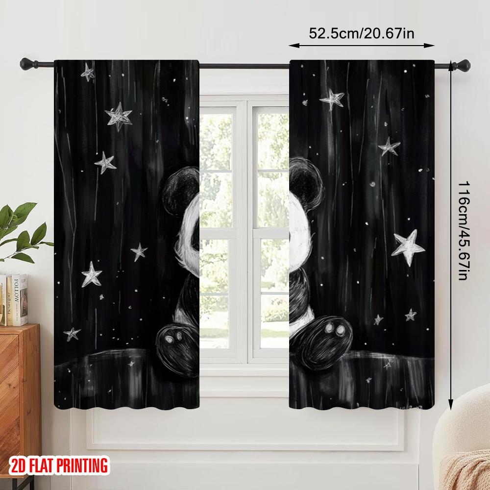 2pcs,2D Plane Printing Minimalist Curtains Starlit Panda 100% Polyester (without Rod) Holiday for Study, Living Room, Kitchen -