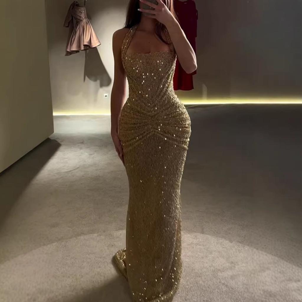 Abito Maxi da Donna con Scollo all'Americana Senza Maniche Bodycon Vita Elastica Elegante Sirena con Paillettes Abito da Sera
