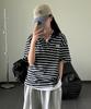 CGP (Women) Oversized Striped Short Sleeve Collared T-Shirt - Dark Navy