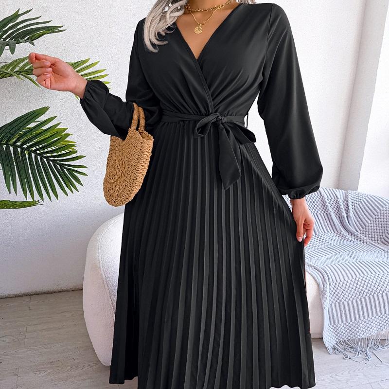 Fashion Soft Comfortable Spring Autumn Women Elegant V Neck Long Sleeve Pleated Maxi Dress Red Blue Casual Green Black Soild Color