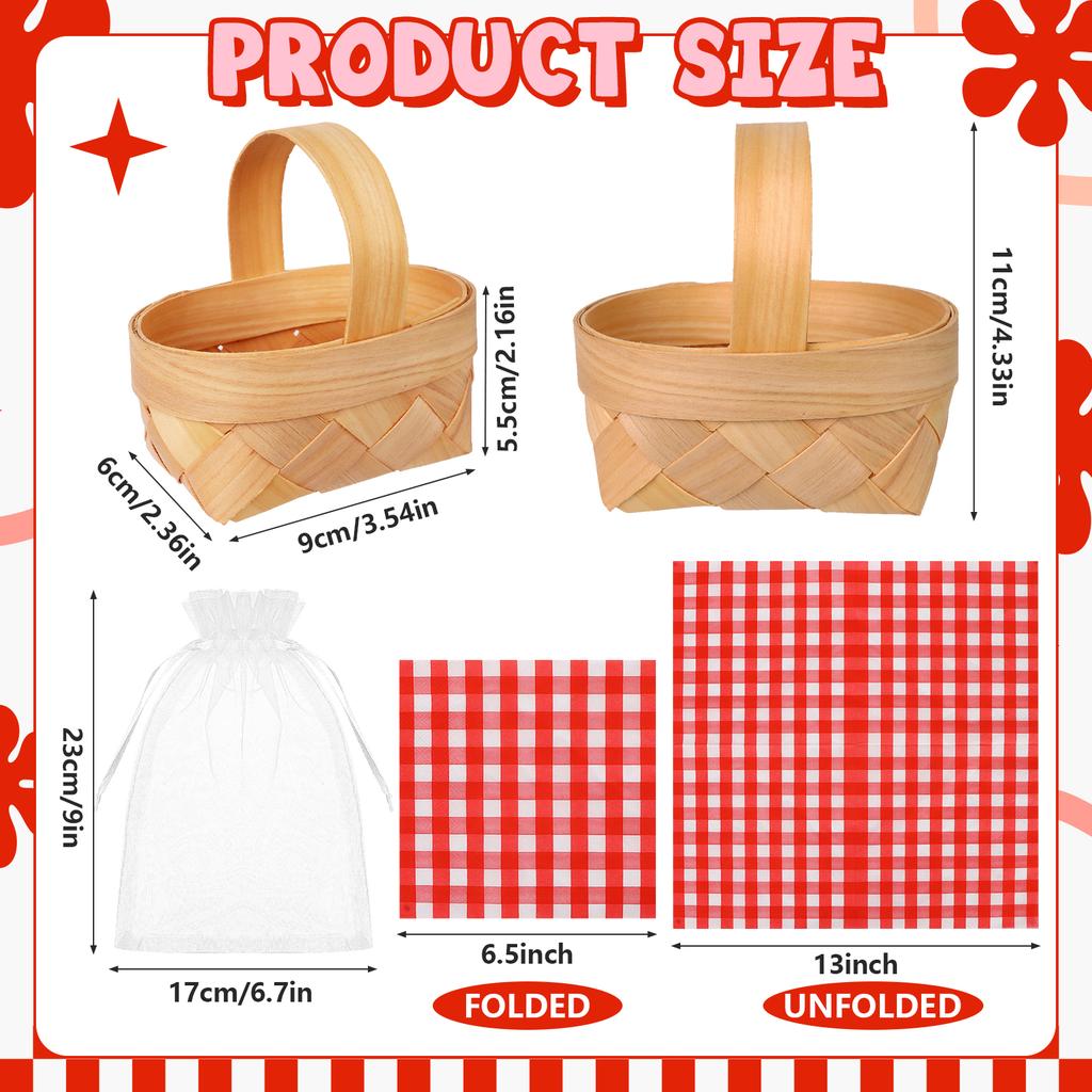 6Sets 11x9x5.5CM Mini Woven Baskets with Handles 6 Sheets Paper Napkins and Organza Bags Woodchip Flower Fruit Picnic Baskets