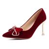 Women's Wedding Shoes New Rhinestone Bow Red Bride High-heeled Female Pointed Toe Slip-on Pumps Nude Shoes