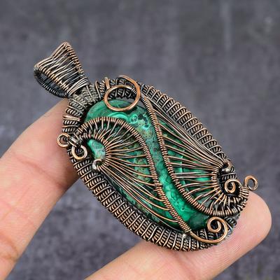 Gema de Malaquita Natural Hecho a Mano Envoltura de Alambre de Cobre Joyería Colgante 2.80" l0P63