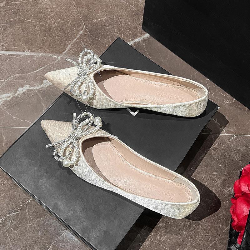 

Модные роскошные дизайнерские туфли-балетки с жемчужным бантом для женщин, остроносые, на шелковых завязках, женские хрустальные мокасины с бантом, свадебные туфли, большой размер 43 41 абрикосовый