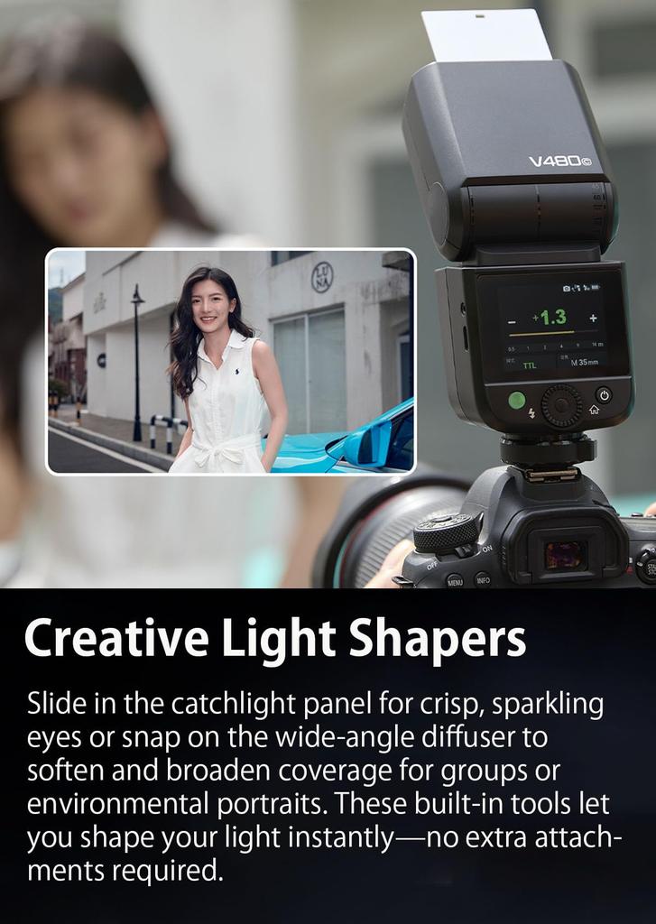 Godox V480S TTL Camera Flash with LED Modeling 10 Brightness TTL Auto 650 Full Compatible with Sony Lithium-Ion Touchscreen, 2-inch Screen, Built-in
