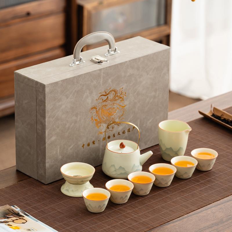 Light luxury national style Ru kiln gift ink landscape tea set kung fu set