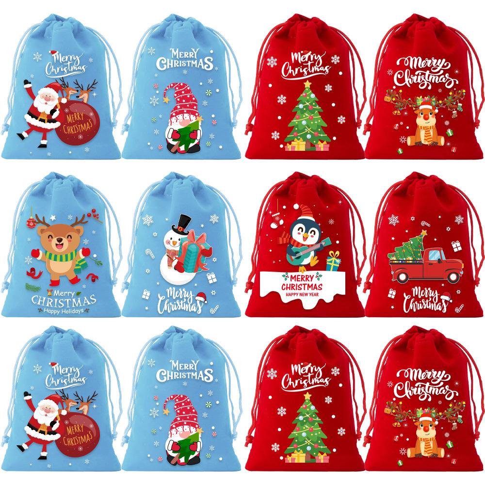 6/8/12pcs Christmas Velvet Gift Bags Drawstring Biscuit Candy Bag Gift Packaging Bags New Year Bracelet Jewelry Storage Pouch