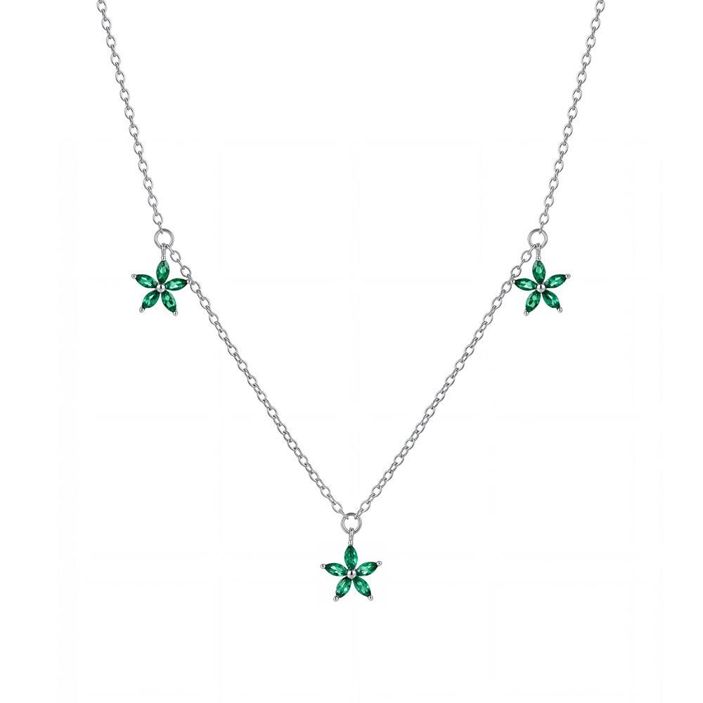 French Luxury S925 Sterling Silver Emerald Zircon Flower Pendant Necklace for Women