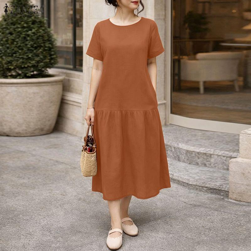 ZANZEA Women Casual Round Neck Solid Color Loose Summer Dress