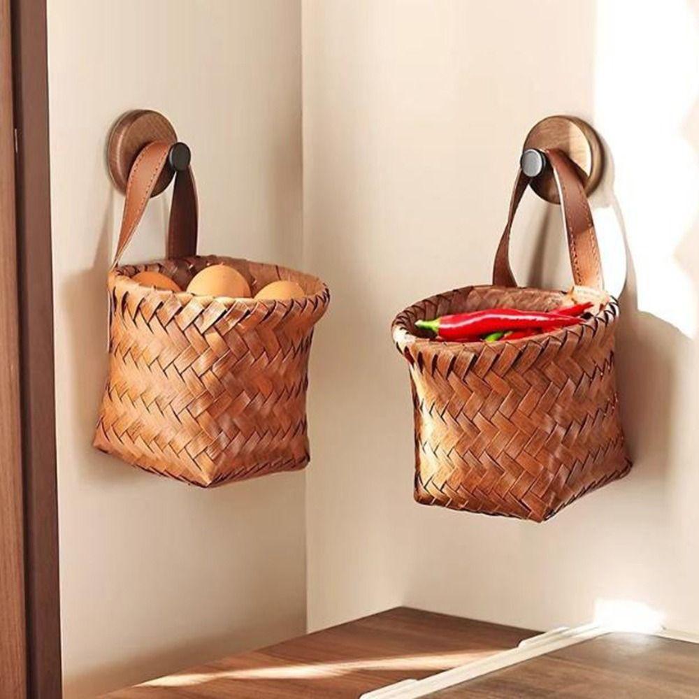 Hand-Woven Imitation Rattan Hanging Basket Plastic Garlic Ginger Storage Basket for Kitchen