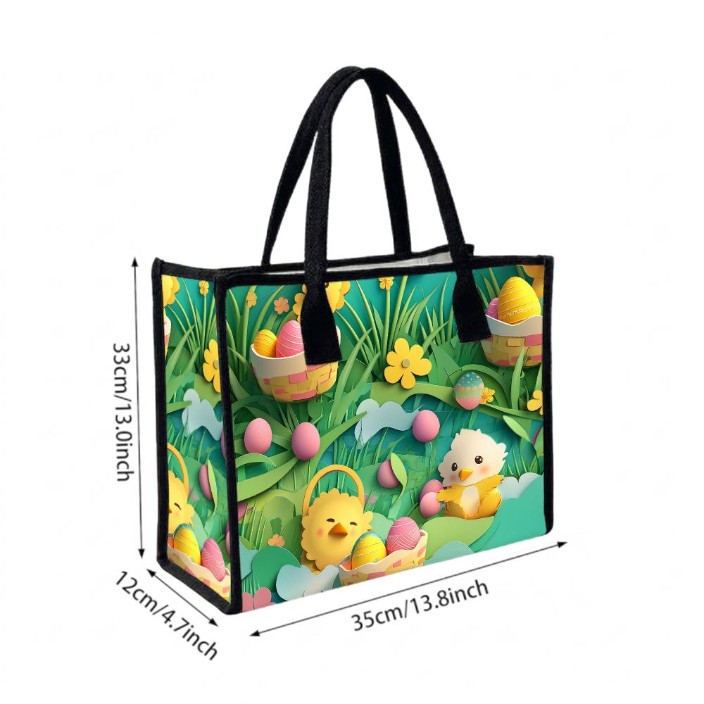  Easter Cartoon Tote Bag Cute Chick Print Large Capacity Daily Handbag for Shopping Travel Outdoor Use