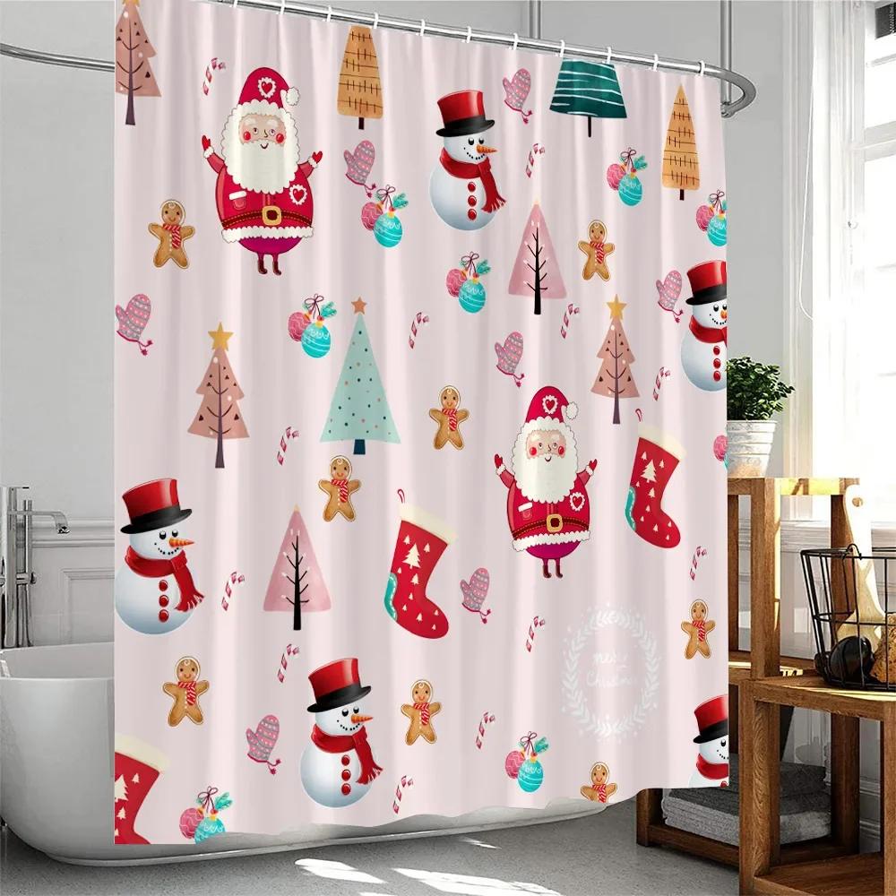 Christmas Cartoon Shower Curtain Santa Claus Xmas Tree Elk Snowflake Merry Christmas Bathtub Decor Polyester Fabric Bath Curtain