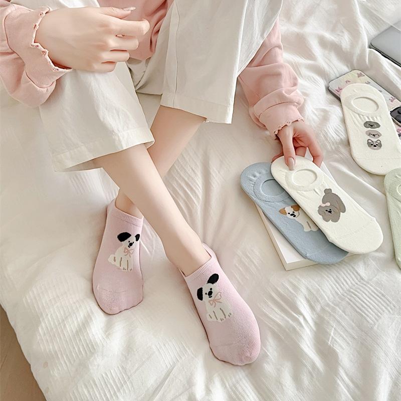 Spring and Summer Cute Little Animal Boneless Boat Socks for Girls, Cartoon School Style Pure Cotton Short Tube Anti-slip Invisible Socks