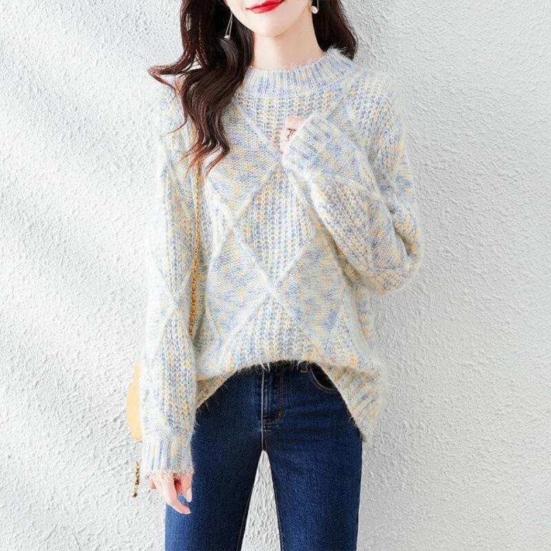 

Осень/Зима Новая Трикотажная Рубашка Топ Женский Цветной Свитер Женский Свитер с Круглым Вырезом 3XL бежевый