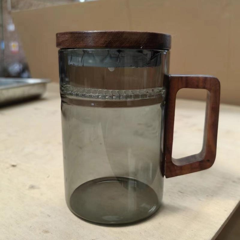 Glass Green Tea Brewed Tea Cup with Crescent Filtration Single Layer Transparent Cup Wooden Handle Household Large Capacity Flower Tea Cup