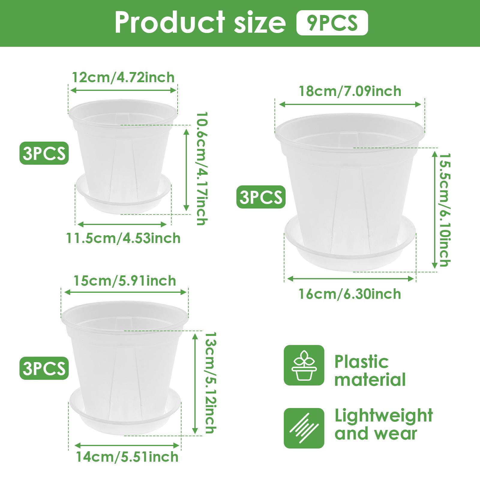 

9Pcs Clear Plastic Nursery Pot 12/15/18 cm Multi Size Flower Planter with Drainage Hole and Trays Transparent Seedling Planter
