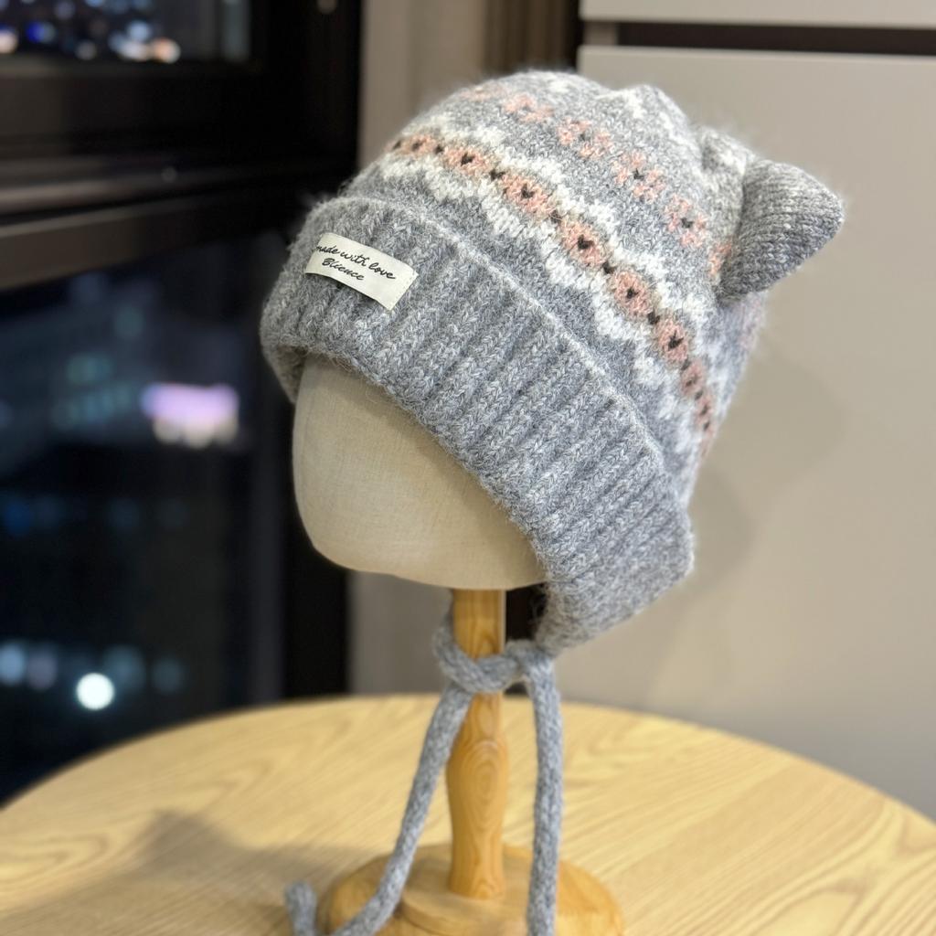 New Cute Cat Ears Plus Velvet Knitted Hat for Women in Autumn and Winter Thickened and Warm Ear Protecting Lei Feng Hat Showing Face Small Woolen Hat