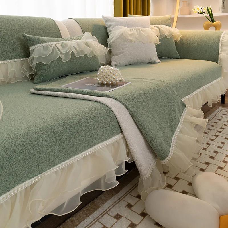 Weicher Weißer Spitzrock Sofabezüge Überwürfe Sofahandtuch Perlenlinien Rutschfester Couchbezug für Wohnzimmer 1 2 3 4 Sitzer Sofa