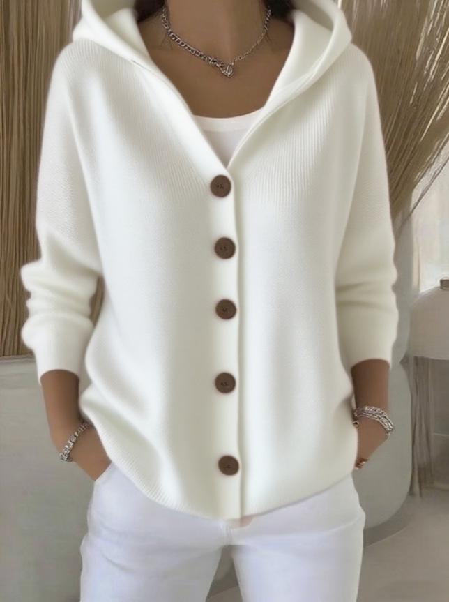 Women's Solid Color Hooded Knit Cardigan - Single-breasted, Long Sleeve, Elegant Commuter Style (2026 Edition)