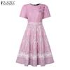 ZANZEA Women Summer Round Neck Short Sleeve Casual Patchwork Print Dress