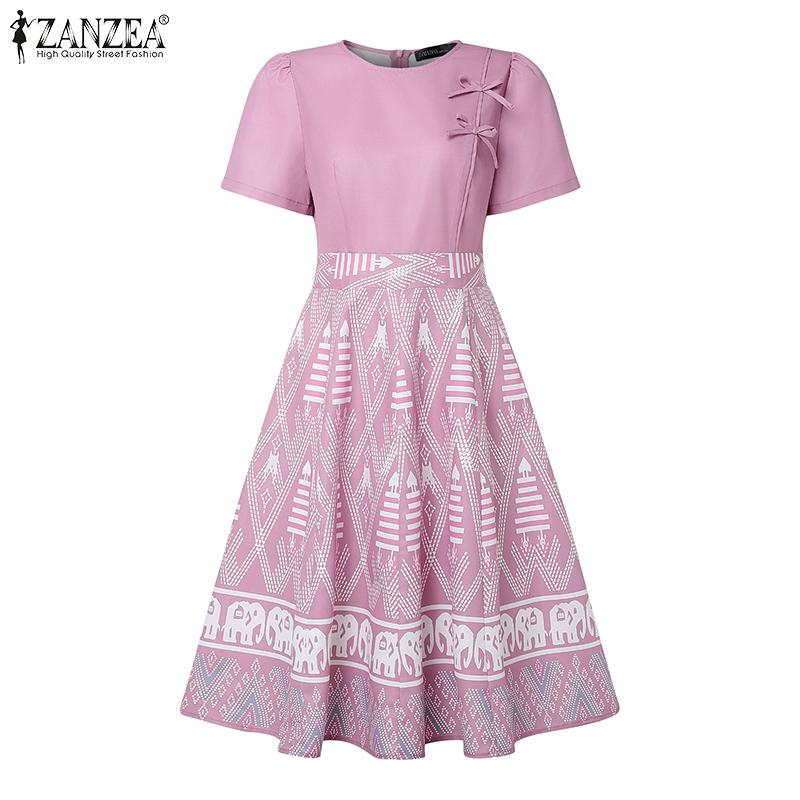 ZANZEA Women Summer Round Neck Short Sleeve Casual Patchwork Print Dress