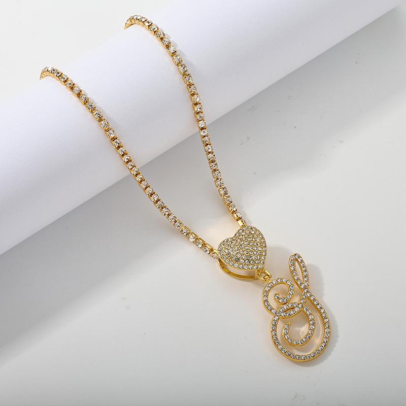 26 Flower Letter Necklace: Hip Hop Heart Pendant with Full Diamond Inlaid Tennis Chain for Women