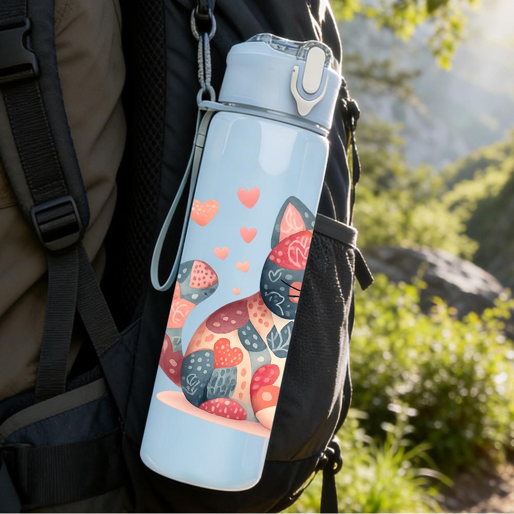 1PC Heart Floral Cat 750ml Color Plastic Sports Water Bottle Leakproof Flip Straw Lid Suitable for Sports Office Home Use