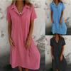 Casual Cotton Linen Shirt Dress V-neck Short Sleeve Loose Fit Solid Color Polyester Blend Mid-length A- Line Skirt