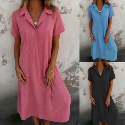Casual Cotton Linen Shirt Dress V-neck Short Sleeve Loose Fit Solid Color Polyester Blend Mid-length A- Line Skirt