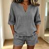Lässiges Damen Zweiteiler Set in Farbe, V-Ausschnitt Oberteil mit Dreiviertelärmel und Shorts mit elastischem Bund und Taschen